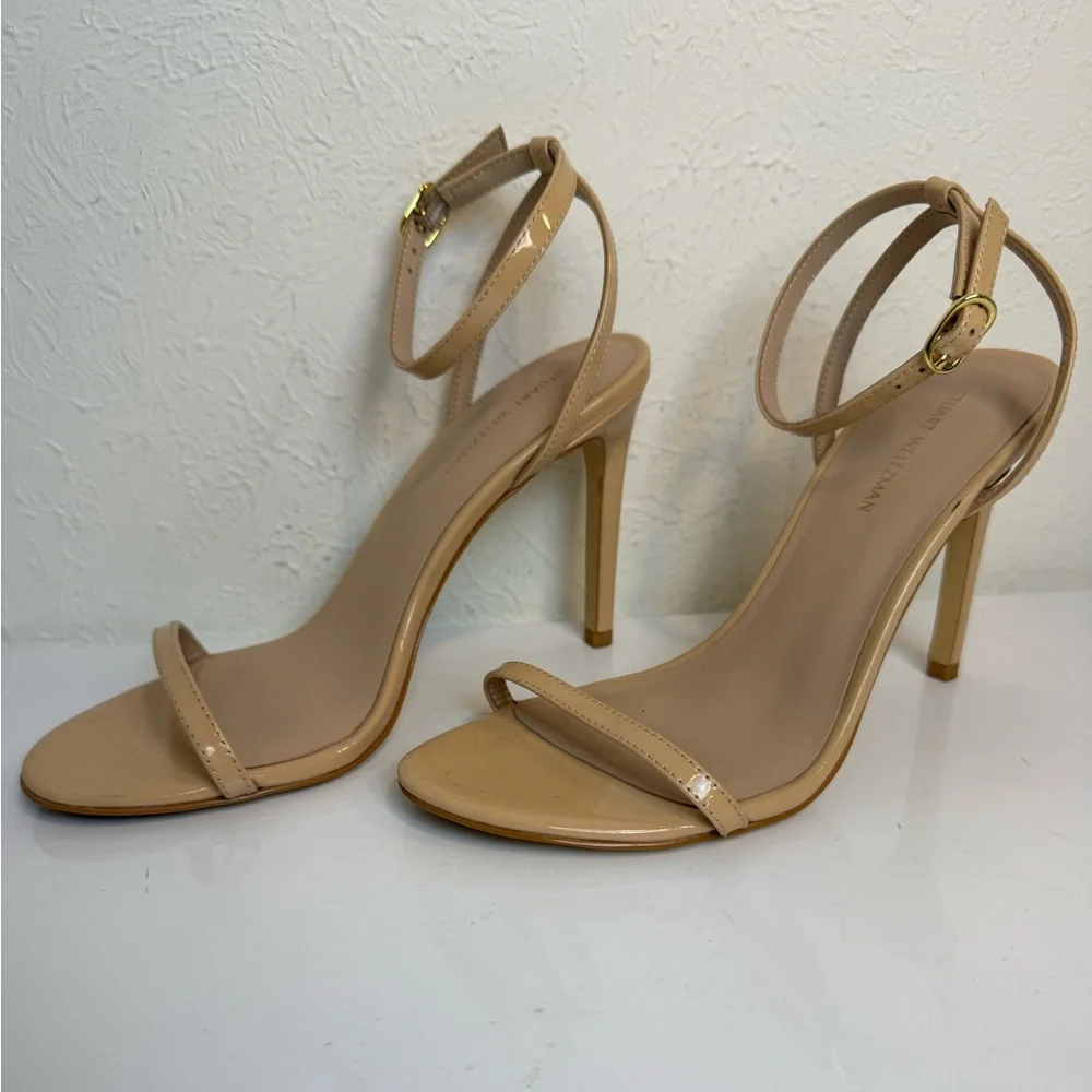 Stuart Weitzman Dancer 95 Patent Leather Sandals Beige Size 6.5 - Picture 4 of 7